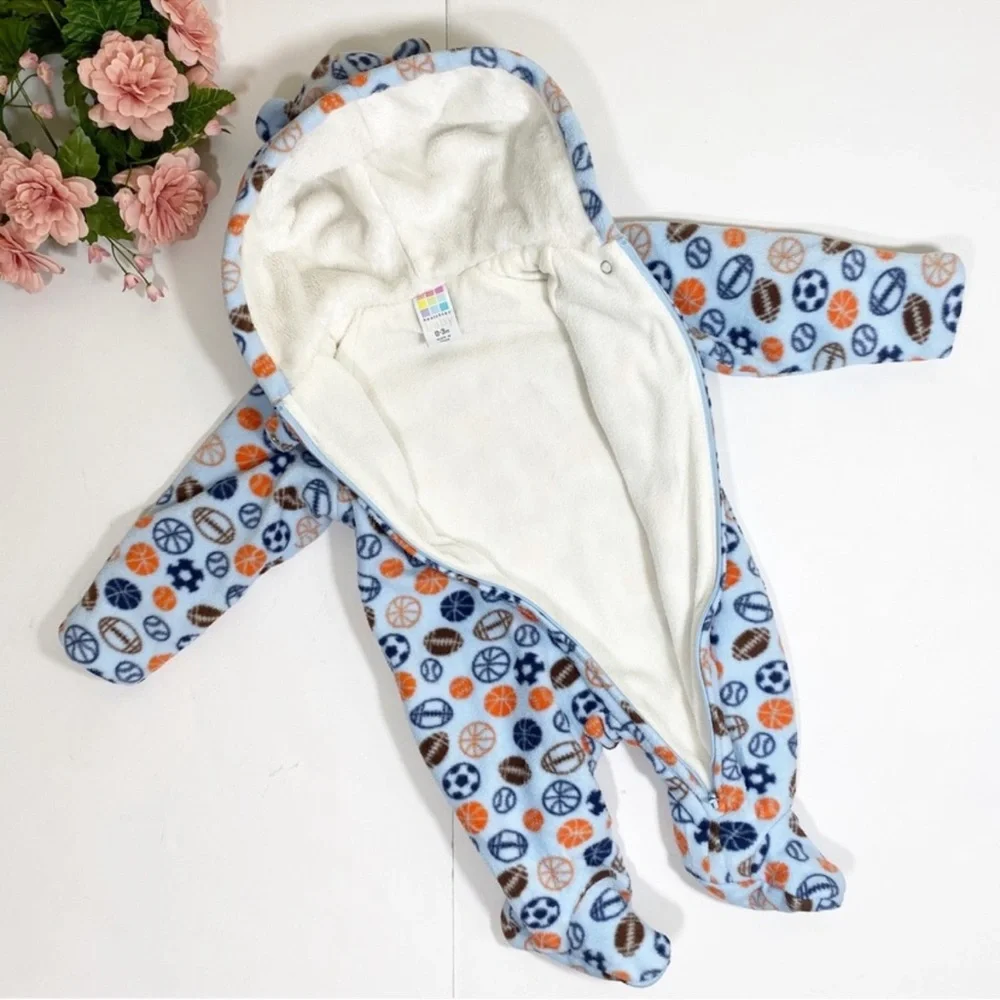 Healthtex Blue Sports Print Pram Fleece Eared Footed Baby Boy Winter Snowsuit